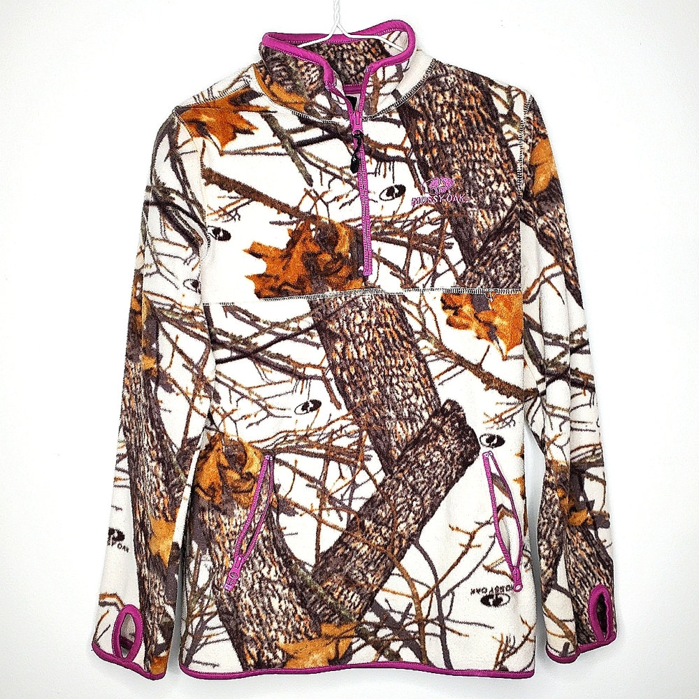 24) MOSSY OAK White Fleece Woodland Camouflage Quarter Zip Pullover Sz S 4/6